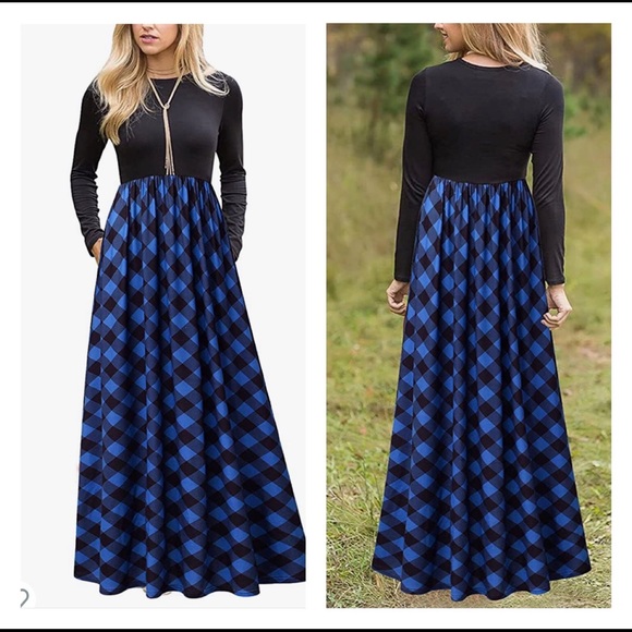 Plaid Long Sleeve Empire Waist Full Length Maxi Dress - Picture 1 of 5